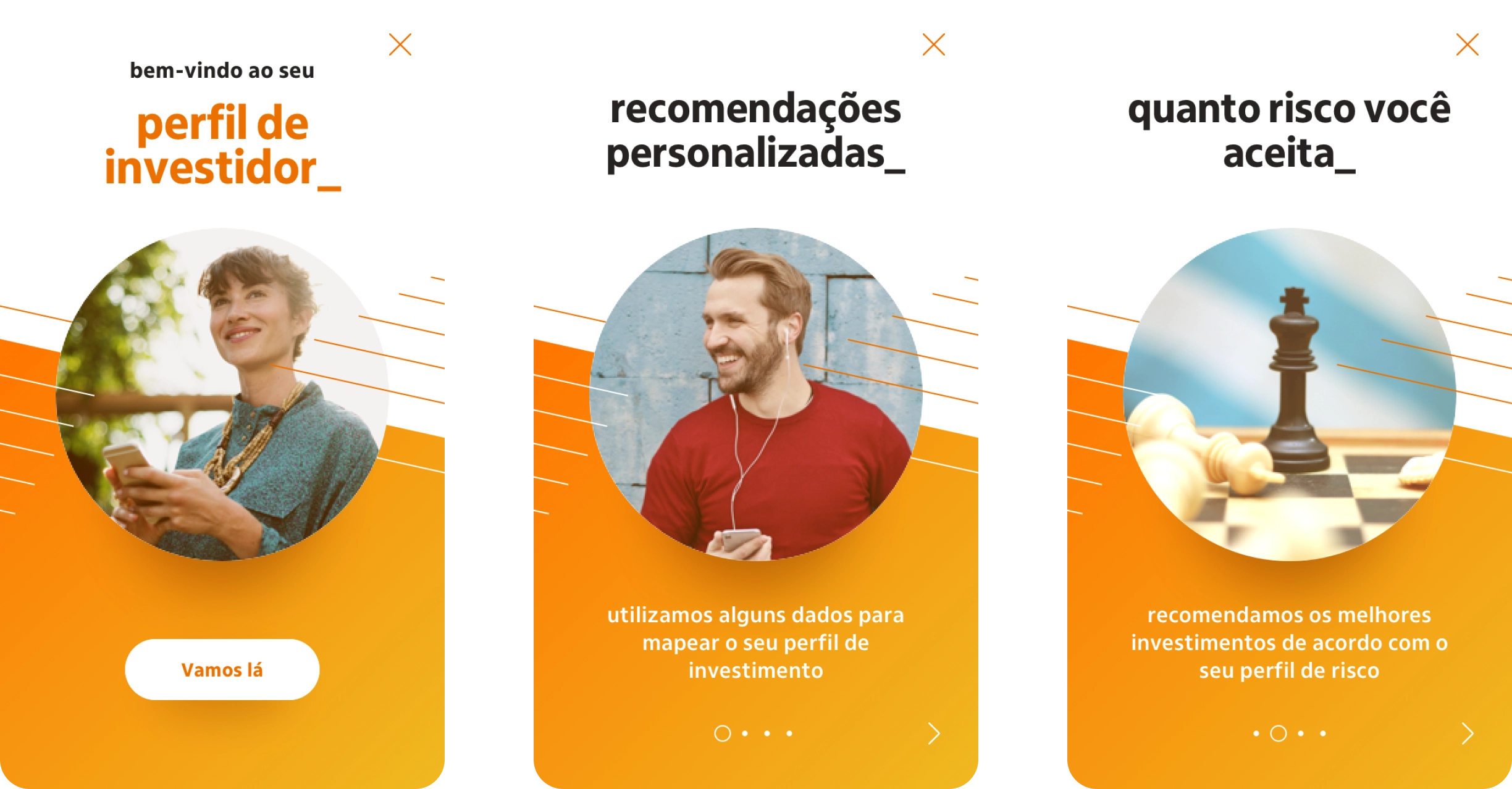 Samples of the new onboarding concept for the investments section, explaining investment recommendations and user profiles