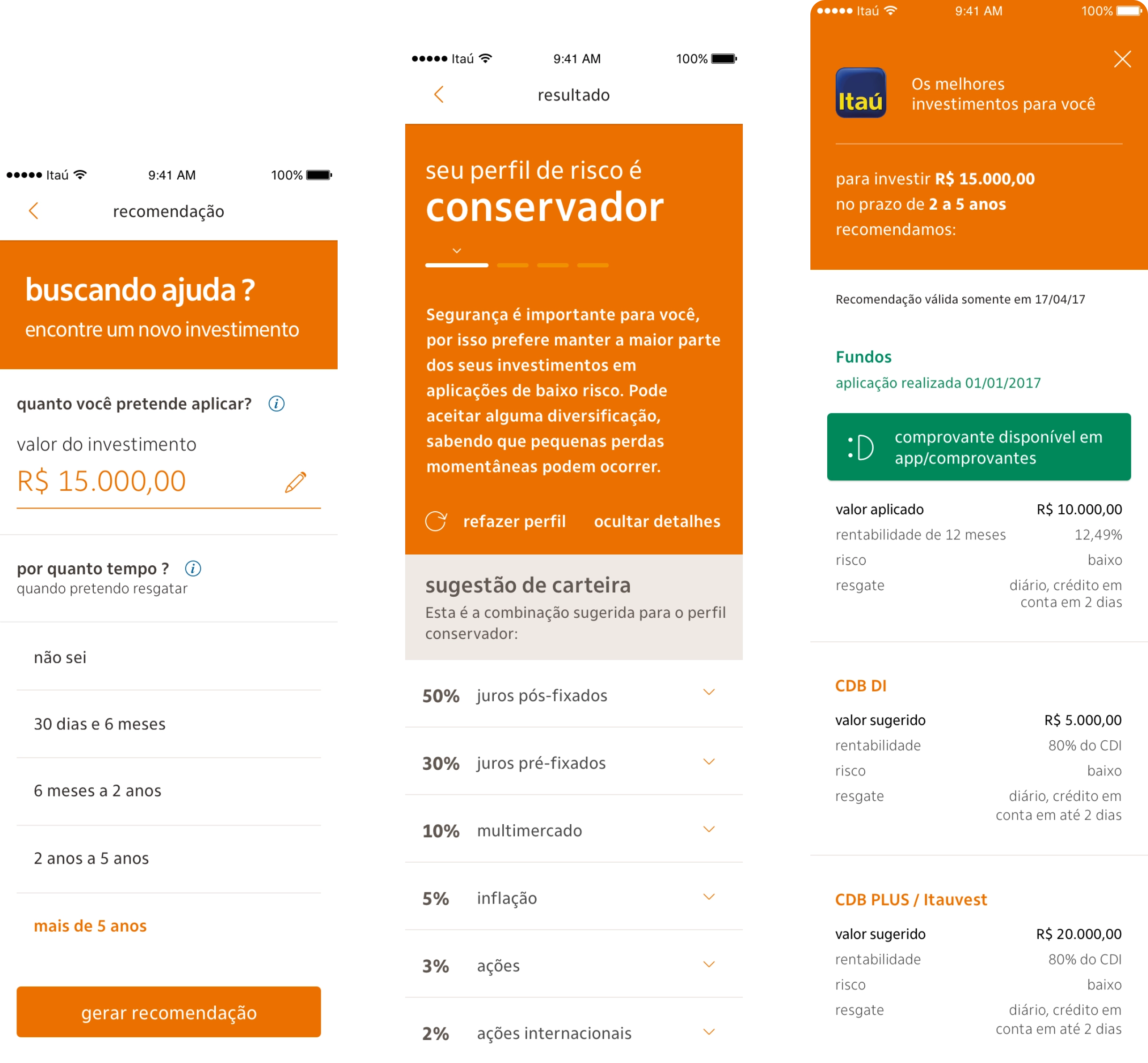 Examples of the recommendation flow in the mobile app: a form for entering the investment amount and period, asset recommendations based on the investor's profile, and suggested investment funds